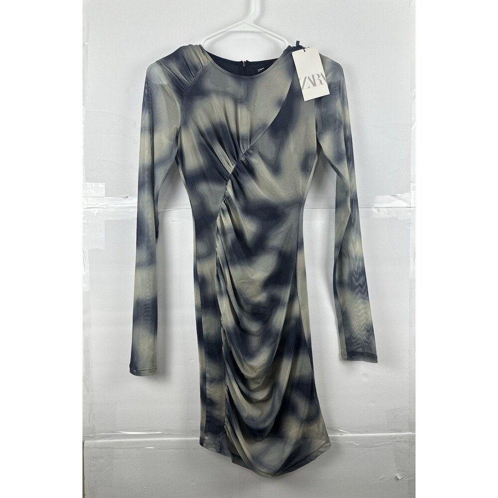 Zara NWT Women's Small Tie-Dye Mesh Bodycon Dress Long Sleeve Ruched Sz S